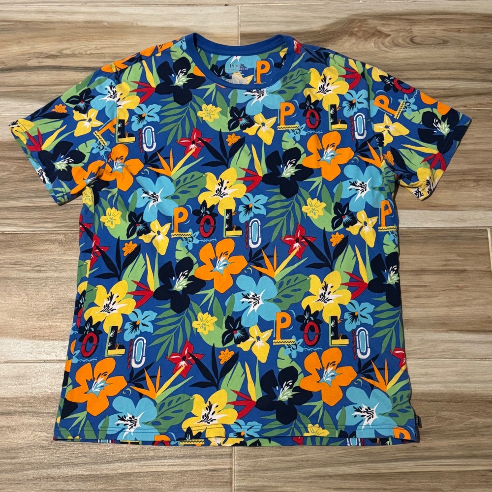 Polo Ralph Lauren Mens XL Tropical Floral Print T-Shirt Blue Hibiscus Summer Tee